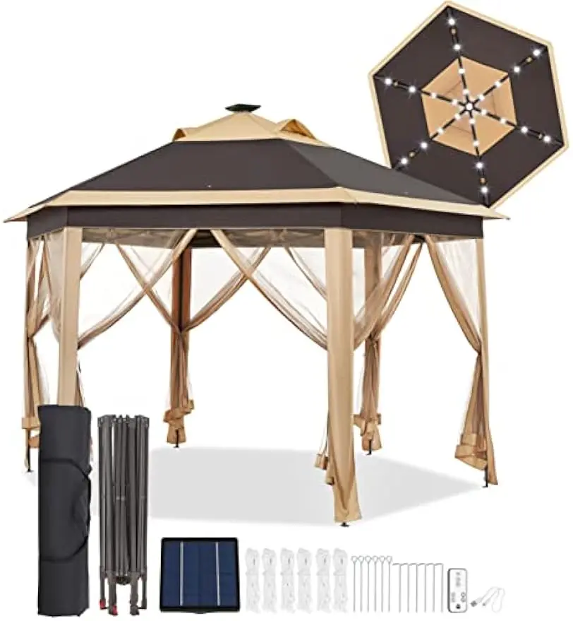 

13x13 Pop-up Patio Gazebo Tent w/Mesh Netting Sides &25 Solar LED Lights,Hexagonal Double Vented Adjustable Gazebo w/Storage Bag