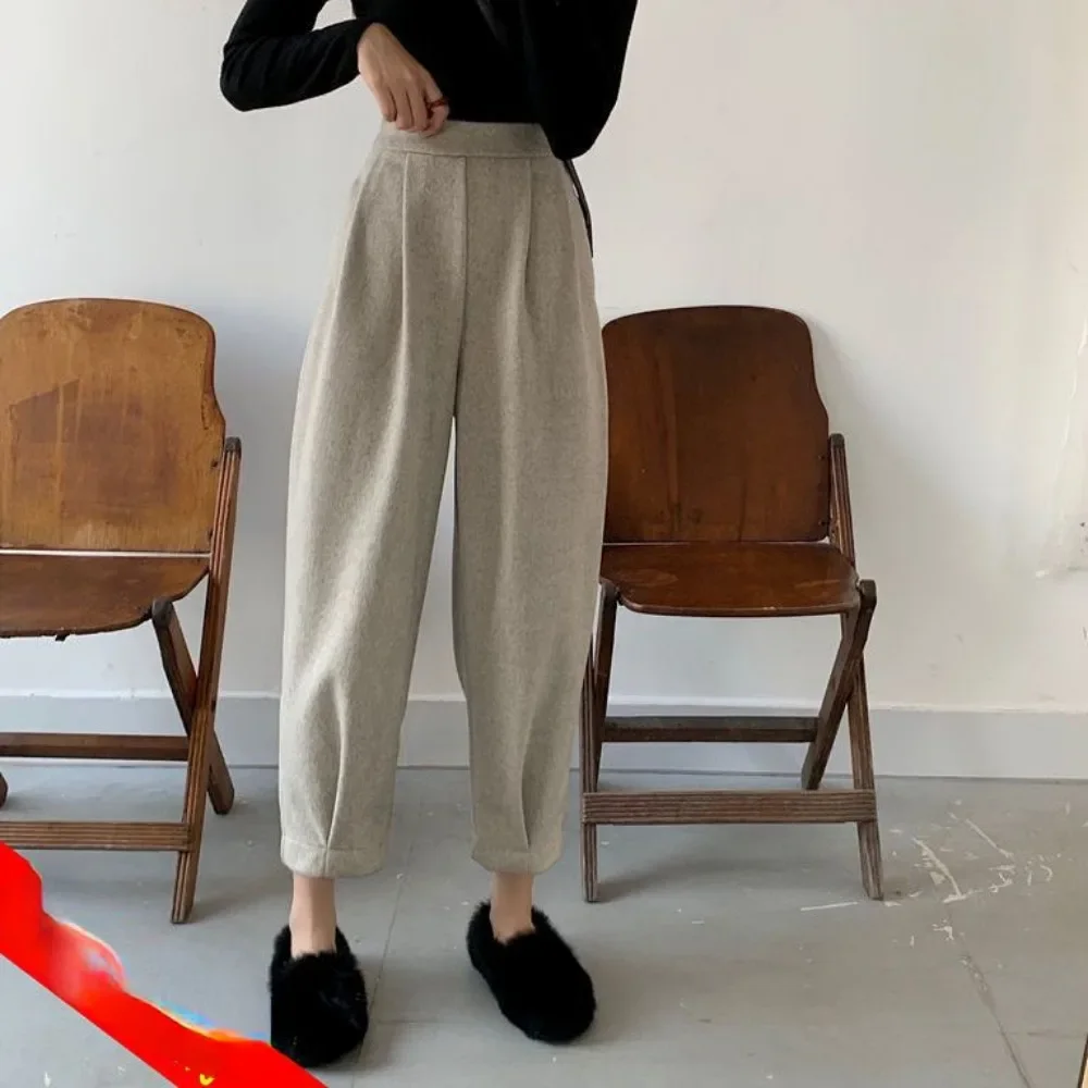 Retro High Waist Wide Leg Radish Pants Women's Woolen Pants 2025 New Autumn Casual Elastic Lantern Harlan Pants Women