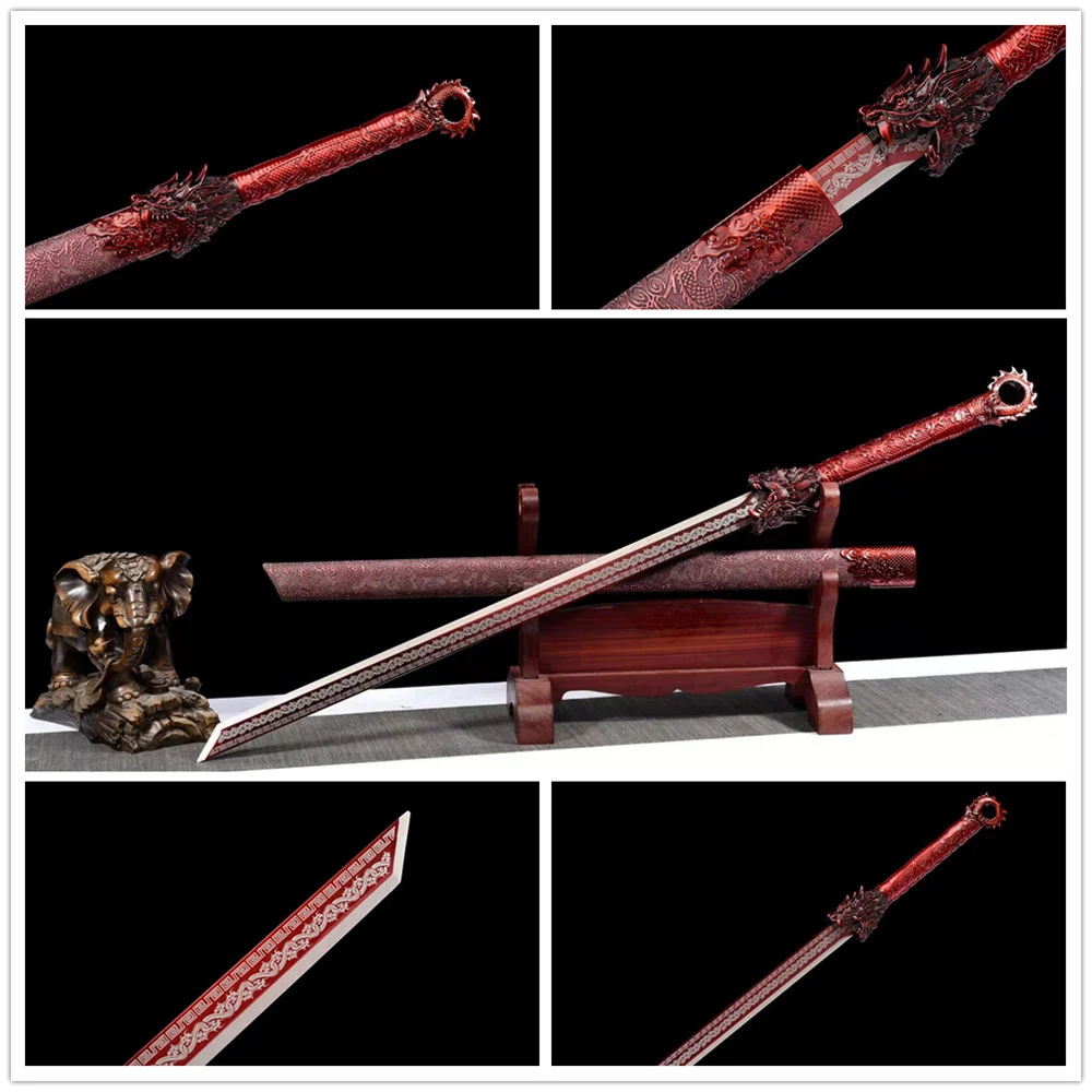 Unique Red Dragon Battle Forging Handmade Martial Art Sword High Manganese Steel Blade Full Tang Leather Wrap Hardwood Sheath