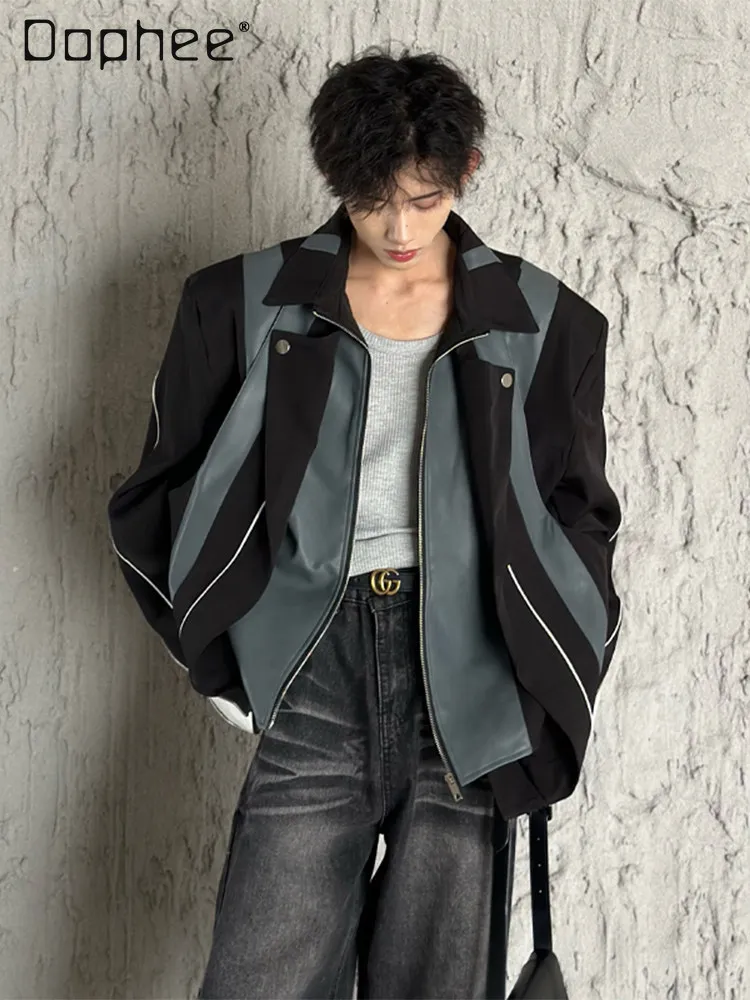 

Spring and Autumn New Cool and Handsome High-End Men's Loose Casual Commuting Style Short Black Motorcycle Jacket