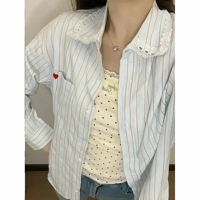 

Contrast Color Striped POLO Collar Long Sleeve Shirt Women's Spring Loose College Style Top Jacket