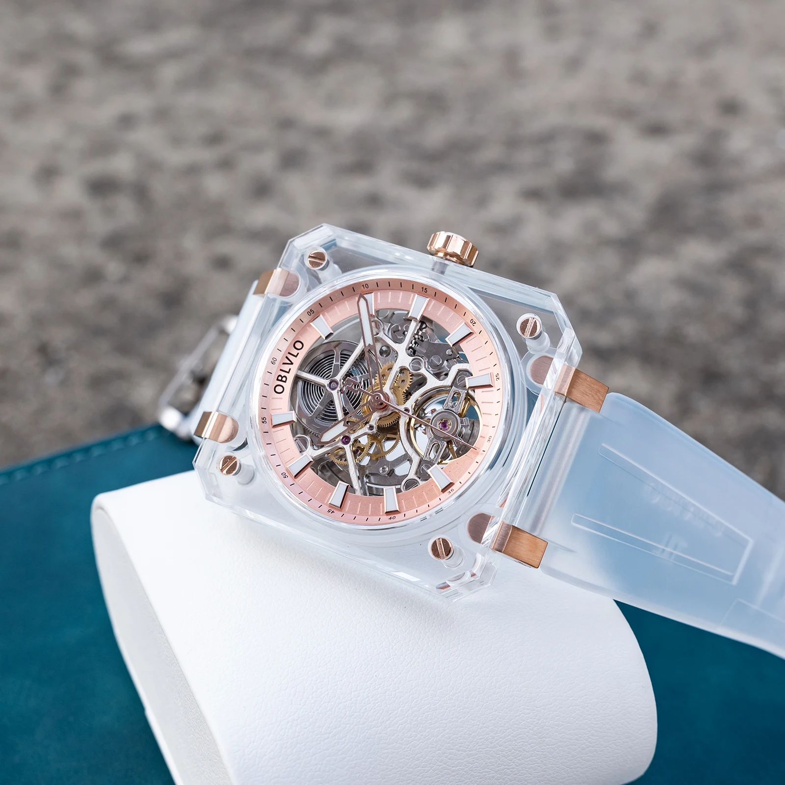 

OBLVLO мужские автоматические часы с прозрачным квадратным скелетонизированным циферблатом, модные водонепроницаемые спортивные часы с удобной резинкой BRM