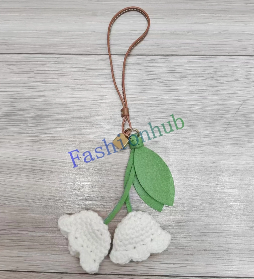 

White Knitted Lily Bell Flower Bag Charm Drop Pendant Decoration Hanging Ornament Keychain Strap For Handbag Purse Car