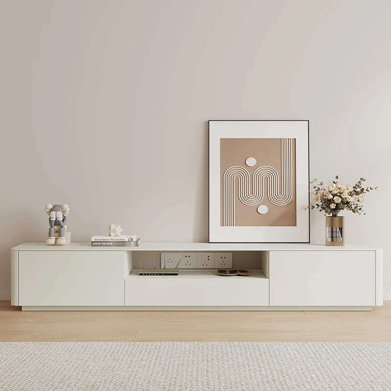 #Warm white solid wood TV cabinet coffee table combination modern simple living room rounded corner floor slate paint TV cabinet