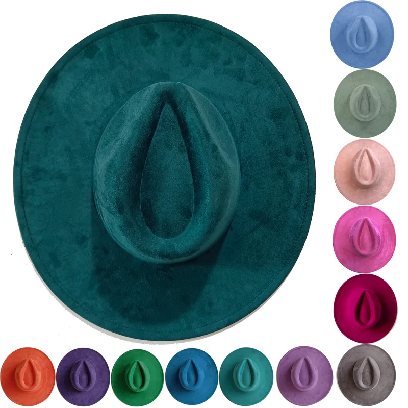 

Teal Suede Hat Wide Brim 34 Colors Fedora Hat Men Women Autumn Winter Felt Jazz Hats Classic Church Fedoras Chapeau Sombrero Muj