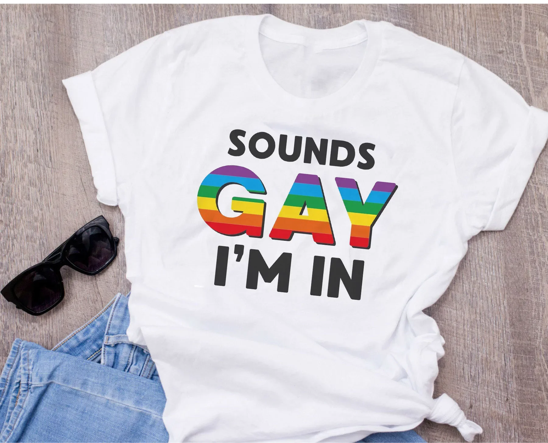 Rainbow Funny Print Lesbian Love Is Love Female 90s T-shirt Top Tee harajuku Sounds Gay I am in Casual T-shirt