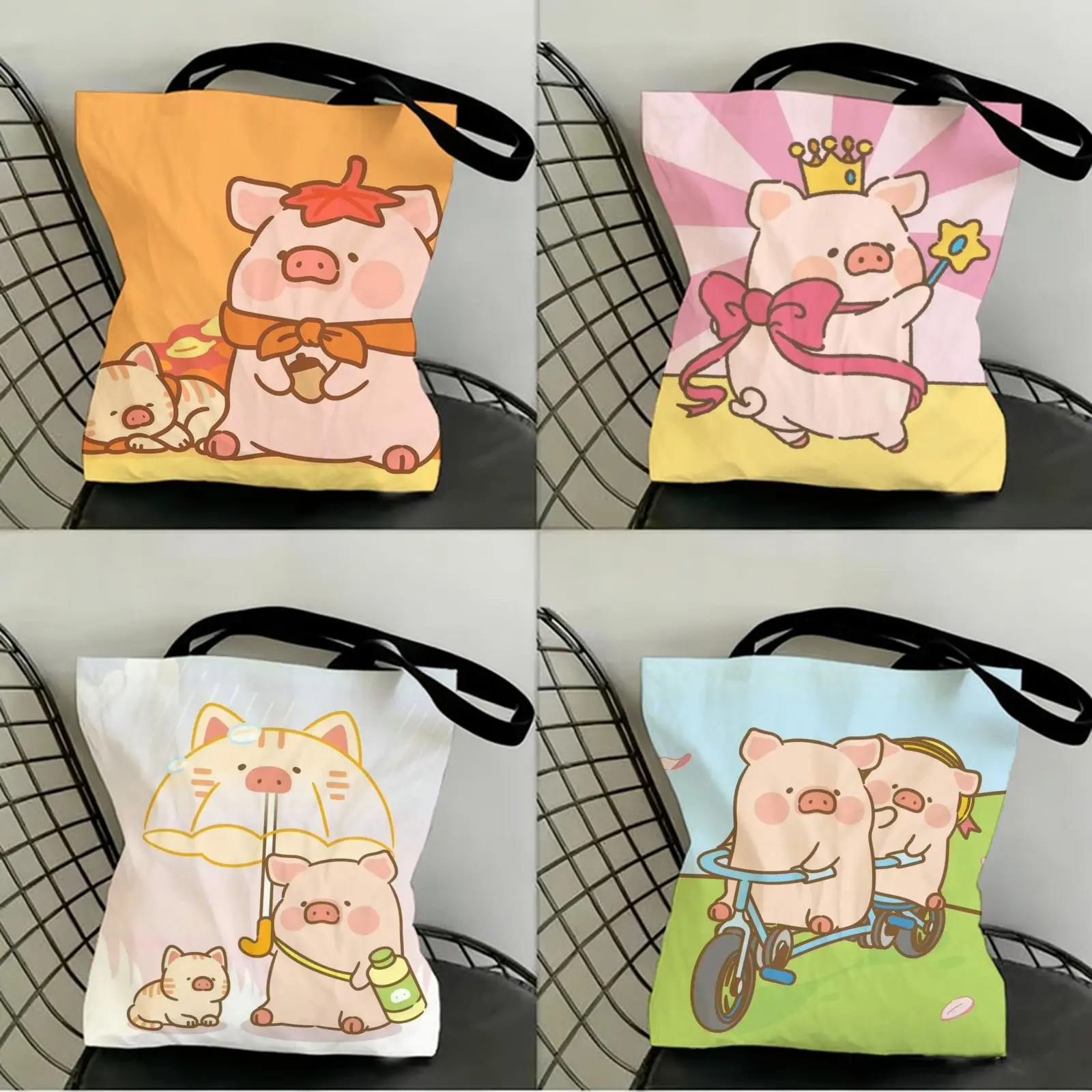 

Cartoon L-Lulu Pig Pink Storage Bags Canvas Double-Sided Print Fashion Shoulder Tote Shopping Bag Gift Eco Handbags