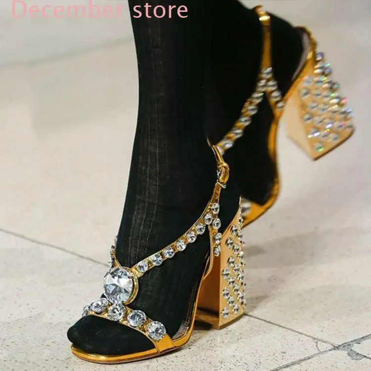 Ladies Silver Leather Luxury Block High Heel Sandals Ankle Straps Diamond Open Toe Plus Size Sandals for Women