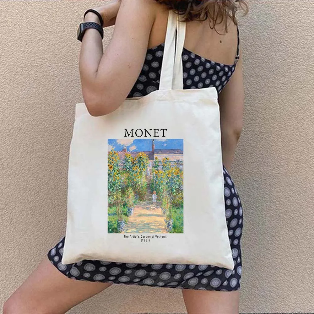 Mulheres ombro lona sacola claude monet nenúfares pinturas de paisagem harajuku compras menina bolsas shopper sacos de algodão