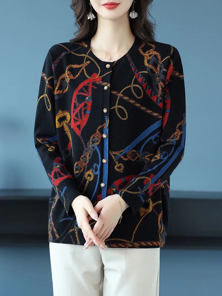 

Geometry Print Female Cardigan Autumn Spring Knitted Women Sweaters Korean Fashion Long Sleeve Tops Cardigans