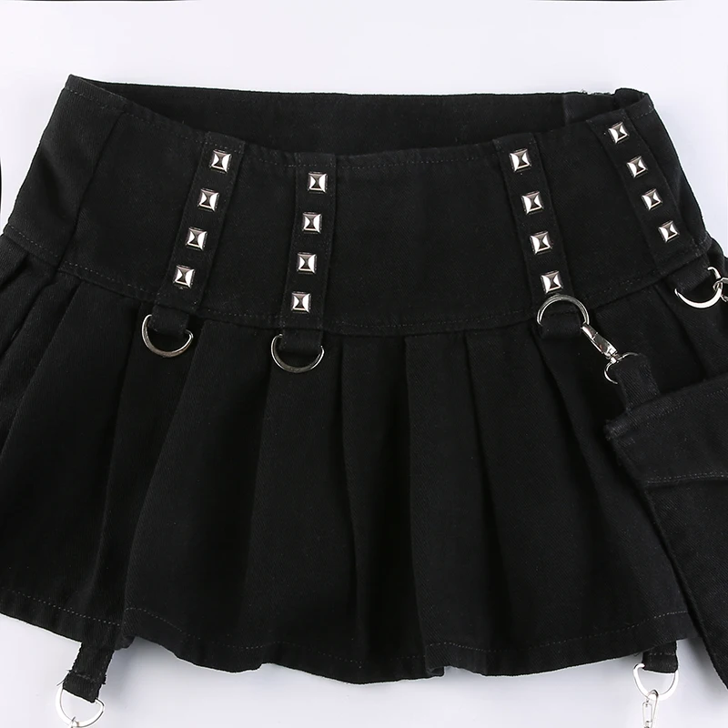 Rivet Patchwork Women Mini Pleated Street Skirts With Trouser Leg Hight Waist Skirt Punk Streetwear Goth Clothes Dark Academia