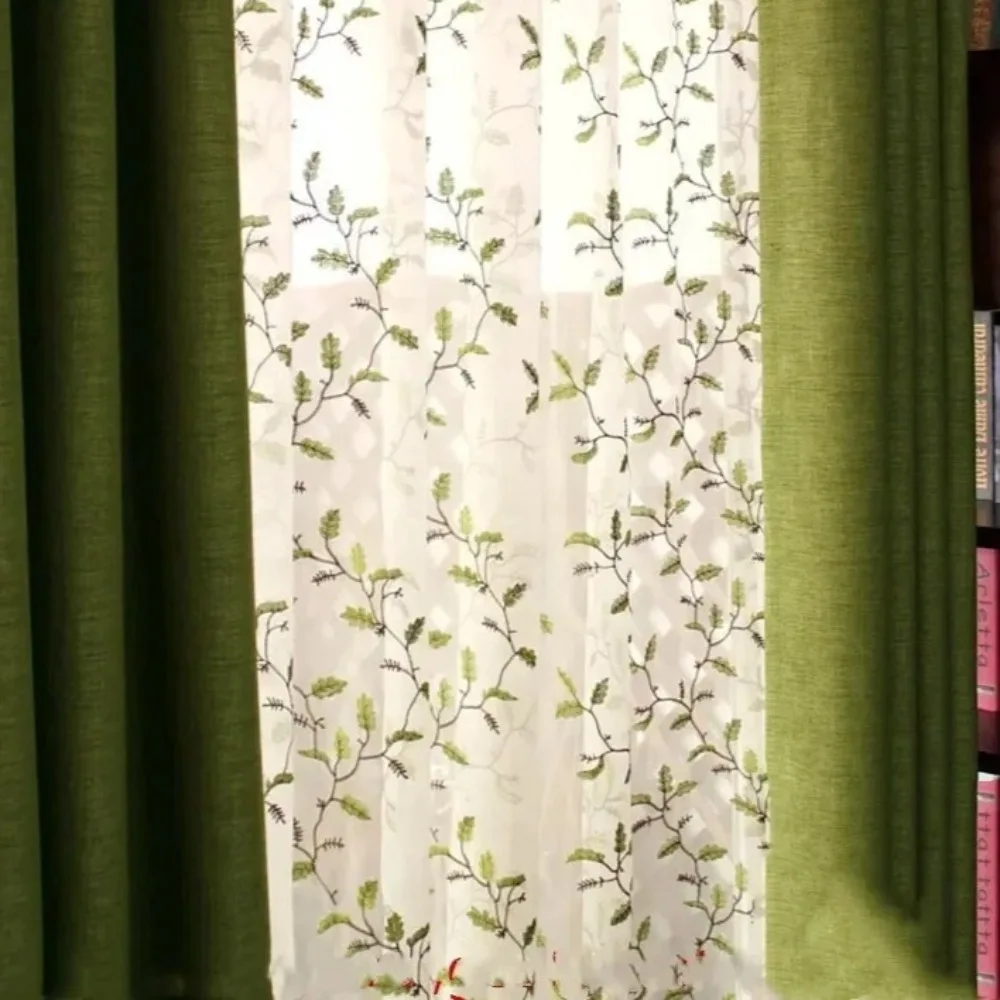 

Пасторальная затемняющая занавеска, зеленая льняная ткань, оконная ширма, листья, вышитая занавеска, тюль для гостиной, спальни, американская