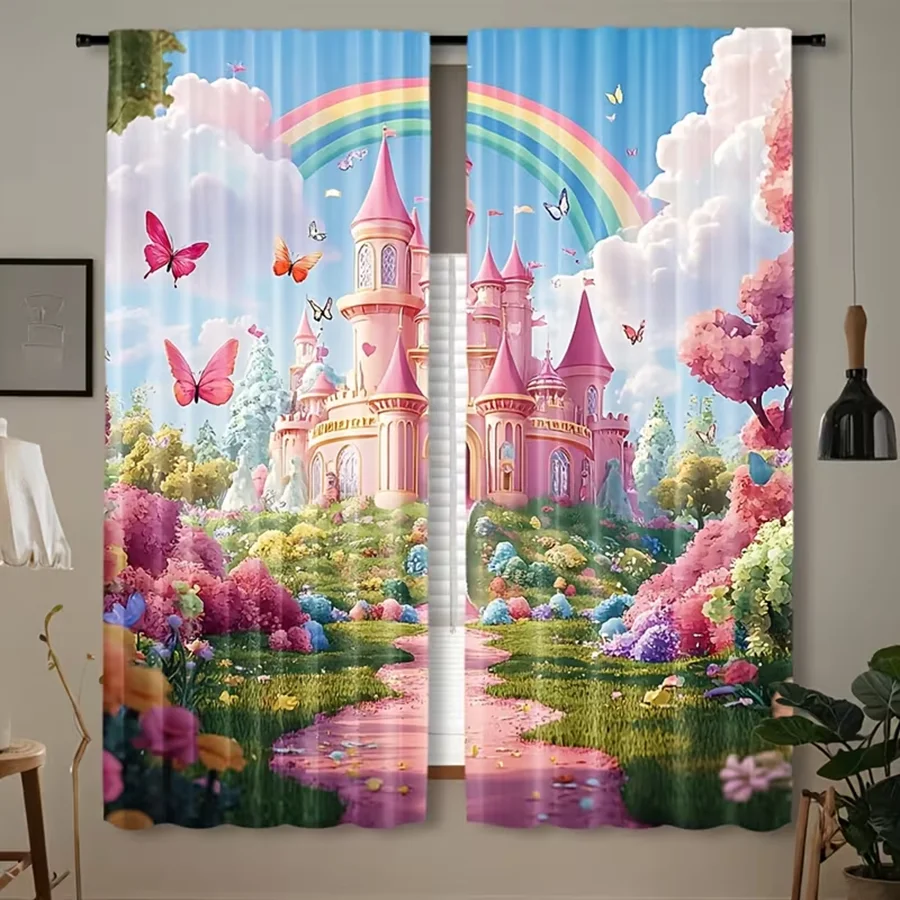 2PCS Multicolor Fairy Tale Castle Rainbow Butterfly Floral Pattern Curtains Rod Pocket Design For Bedroom And Living Room