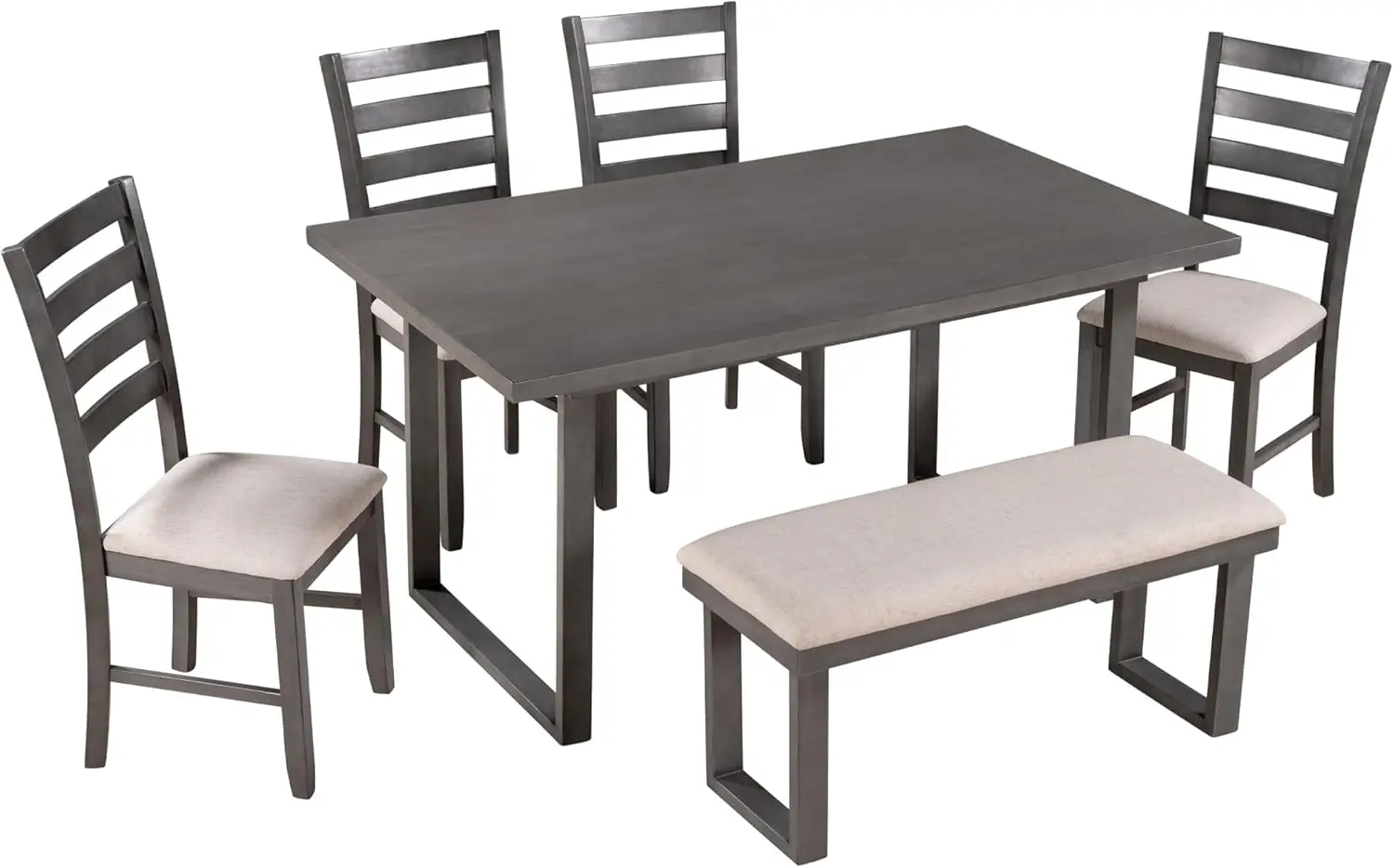 6-Piece Dining Table Set with Upholstered Bench, Retro Kitchen Table, Wood Table with 4 Chairs, Gray.