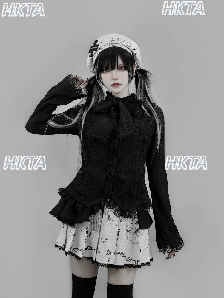

Japanese Fashion Sweet Bow Horn Long Sleeved Stand Up Collar Black Shirts Lolita Slim Lace Ruffle Edge Inner Blusas Tops Women