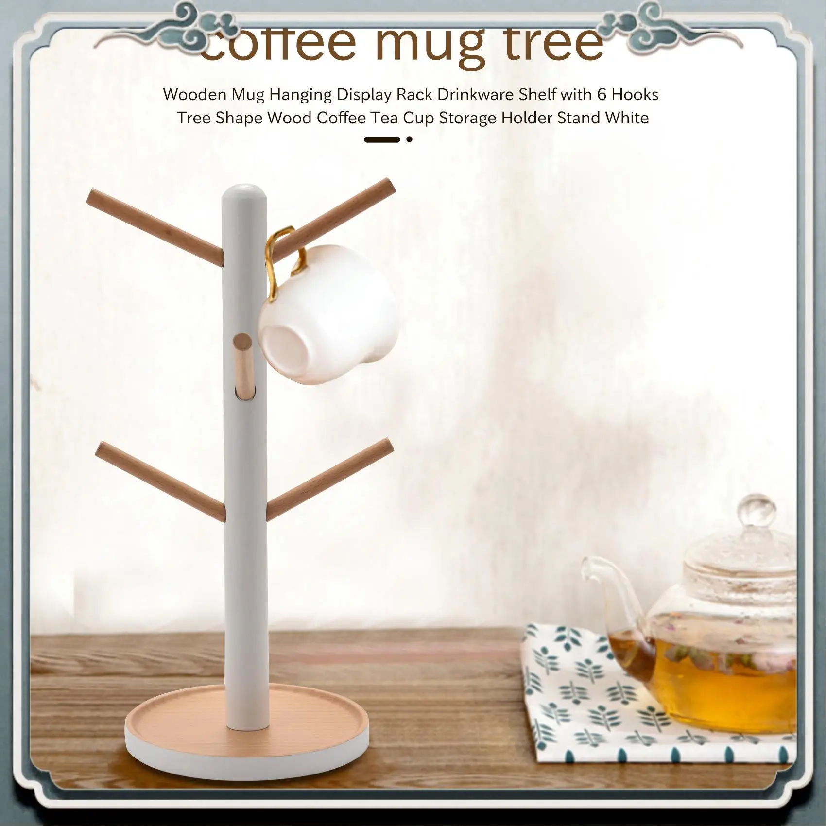 Durable Wooden Mug Hanging Display Rack Drinkware Shelf With 6 Hooks Tree Shape Wood Coffee Tea Cup Storage Holder Stand