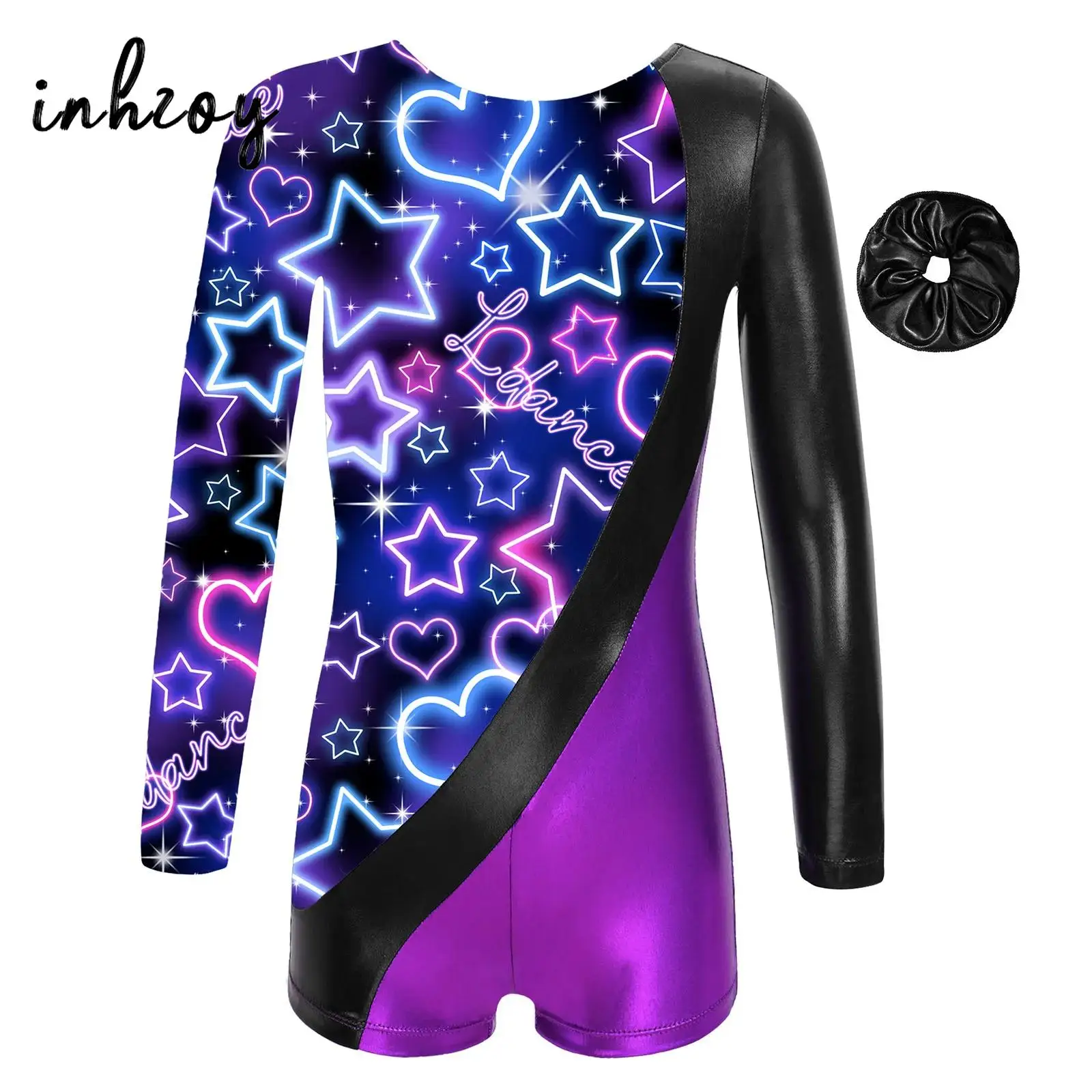 Kids Girls Long Sleeve Gymnastics Jumpsuit Outfit Ballet Dance Workout Leotard Patchwork Print Tumbling Skating Bodysuit Clothes