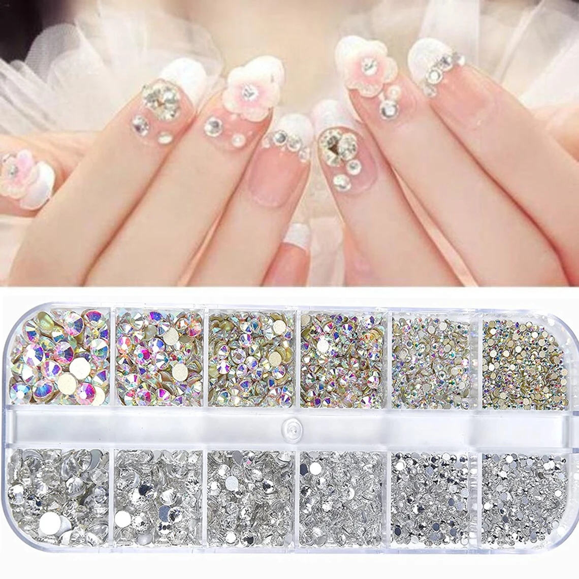 12Grid Clear AB Nail Art Rhinestones 3D Crystal Flatback Nail Gems Stones Round Beads Dazzling Diamonds Strass For Manicure