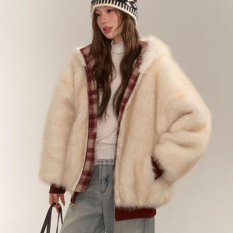 2026 New Two-Sided Wear Plush Jacket Female Vintage Plaid Hooded Fleece Warm Cotton Outerwear Coat Casual Loose Winter Jackets