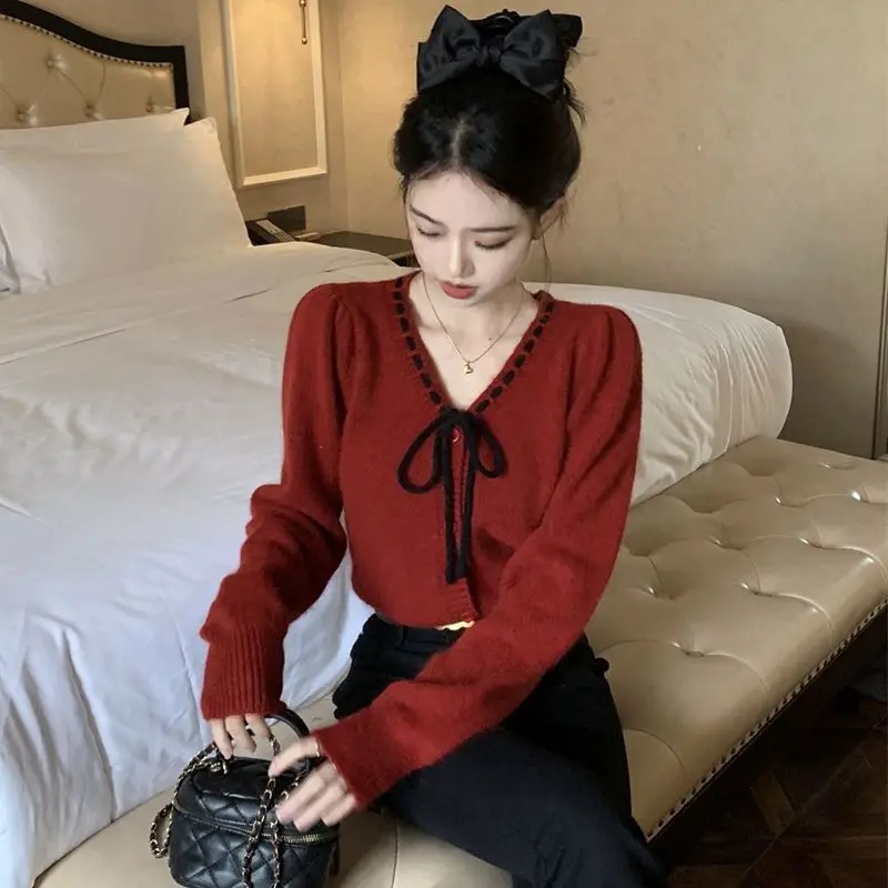 Fashion Temperament Cardigan Sweater Women Autumn Winter Bow Solid Color Long Sleeve Sweater Office Lady All-match Knitwear Tops