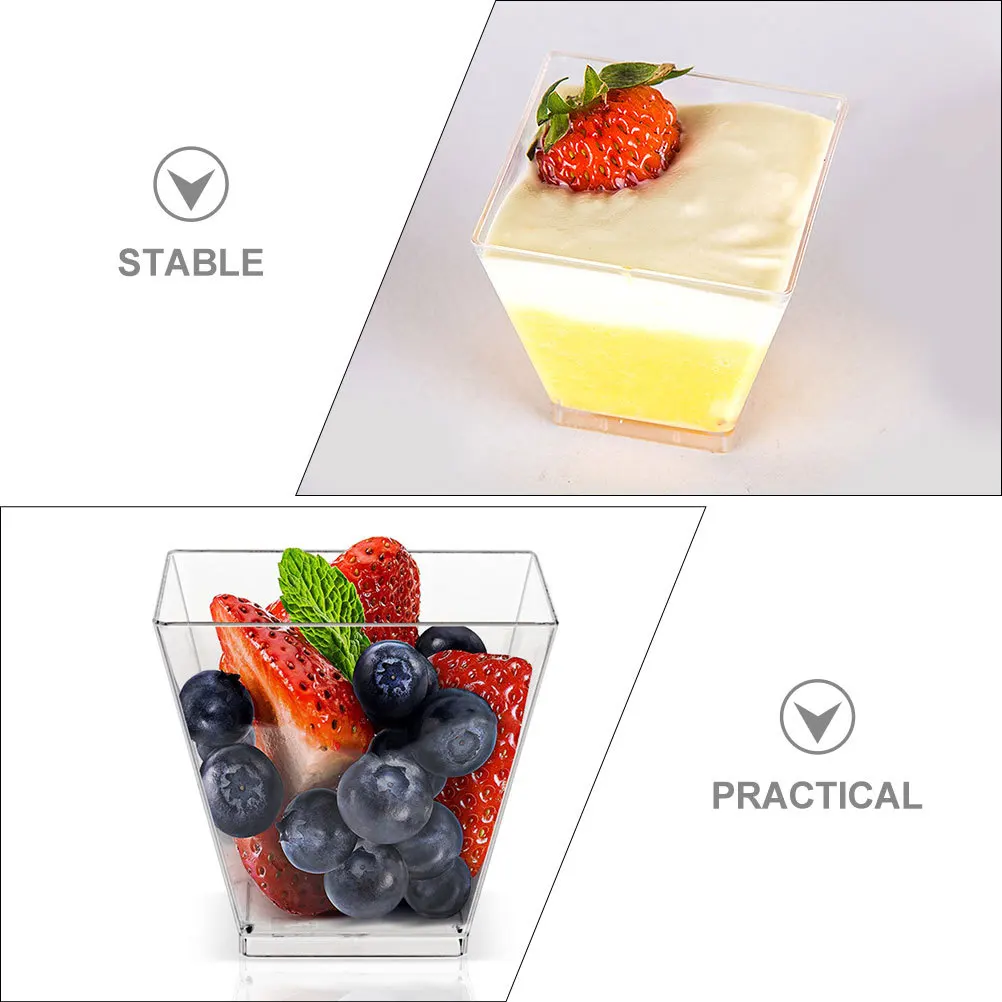 

100pcs Dessert Cups Transparent Trapezoid Shaped Disposable Pudding Containers For Party Ice Cream Yogurt Appetizer Storage