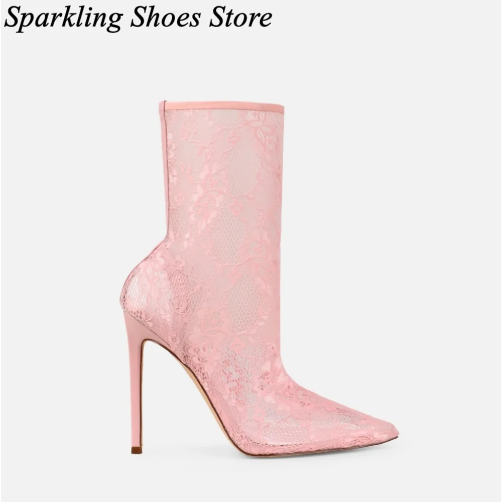 

Sexy Pink Lace Mesh Summer Boots Pointed Toe Mid-calf High Heels Flower Decor Stiletto Solid Women Luxury Designer Shoes 2026