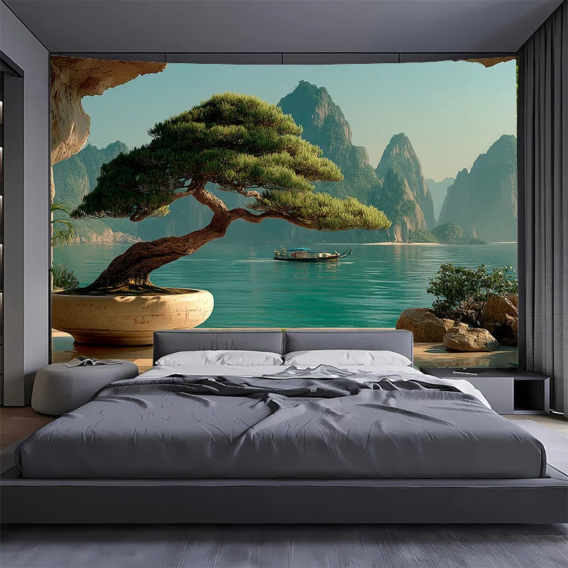 Bonsai Window View Scenery Tapestry - Landscape Mountain Design Wall Hanging for Wedding and Party Backdrop