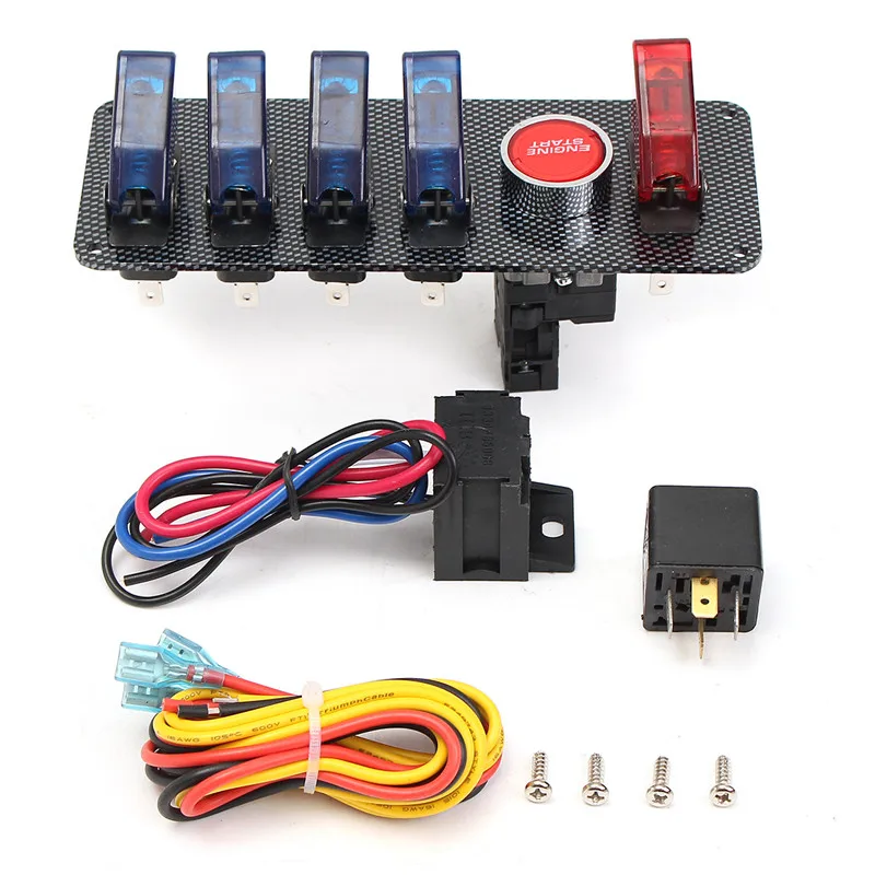 NEW 12V Auto LED Toggle Ignition Switch Panel Racing Car Engine Start Push Set Kit + 4 Blue & 1 Red LED Toggle Button Panel