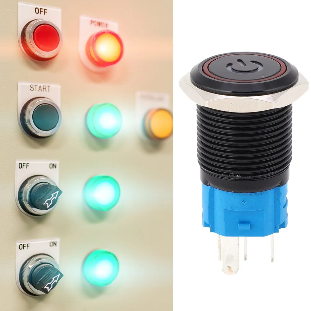 2PCS Black Self Locking Metal Switch IP65 Protection with LED Lamp and Symbol 16mm Push Button Switch Self Locking Protection