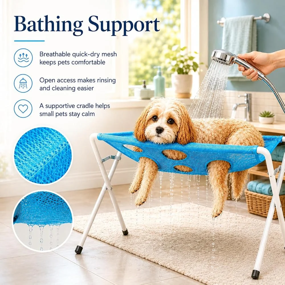 Hunde-Badehängematte, Katzen-Dusch- und Pflegetisch-Hängematte mit klappbarem Ständer, atmungsaktiver Netz-Bade- und Trockentisch für die Nagelpflege – Detail 3