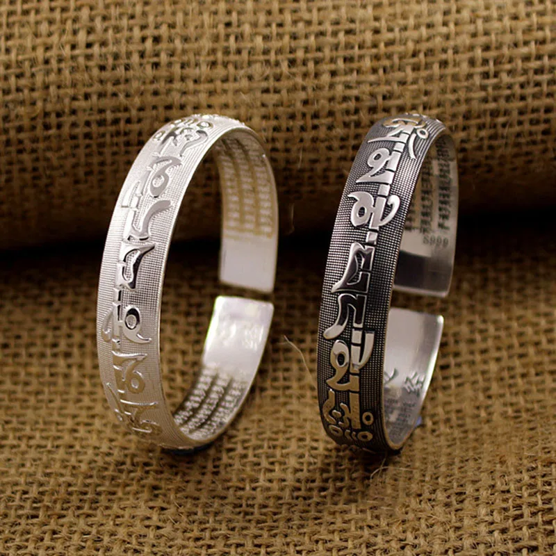 

Classic Six Character Mantra bracelet for women silver 925 Retro Heart Sutra Open bangles for Men Banquet Jewelry Gift