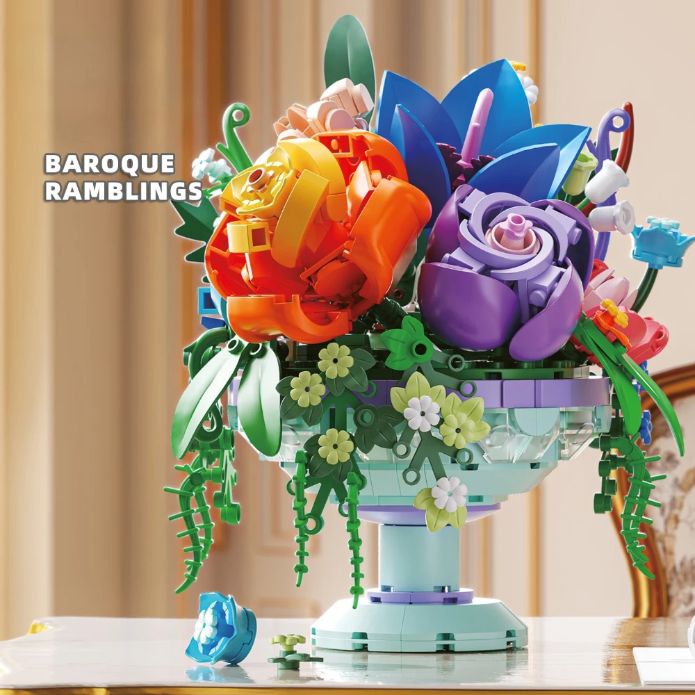 

MOC Exclusive Baroque Whispers Flower Potted Plant Building Blocks Set Fantasy Rose Desktop Decor Toys For Valentine's Day Gifts