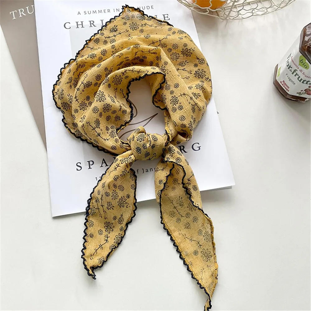 

Lightweight Floral Triangle Scarf Thin Head Wrap Cotton Linen Scarf Korean Style Breathable Spring Summer Bandana for Women