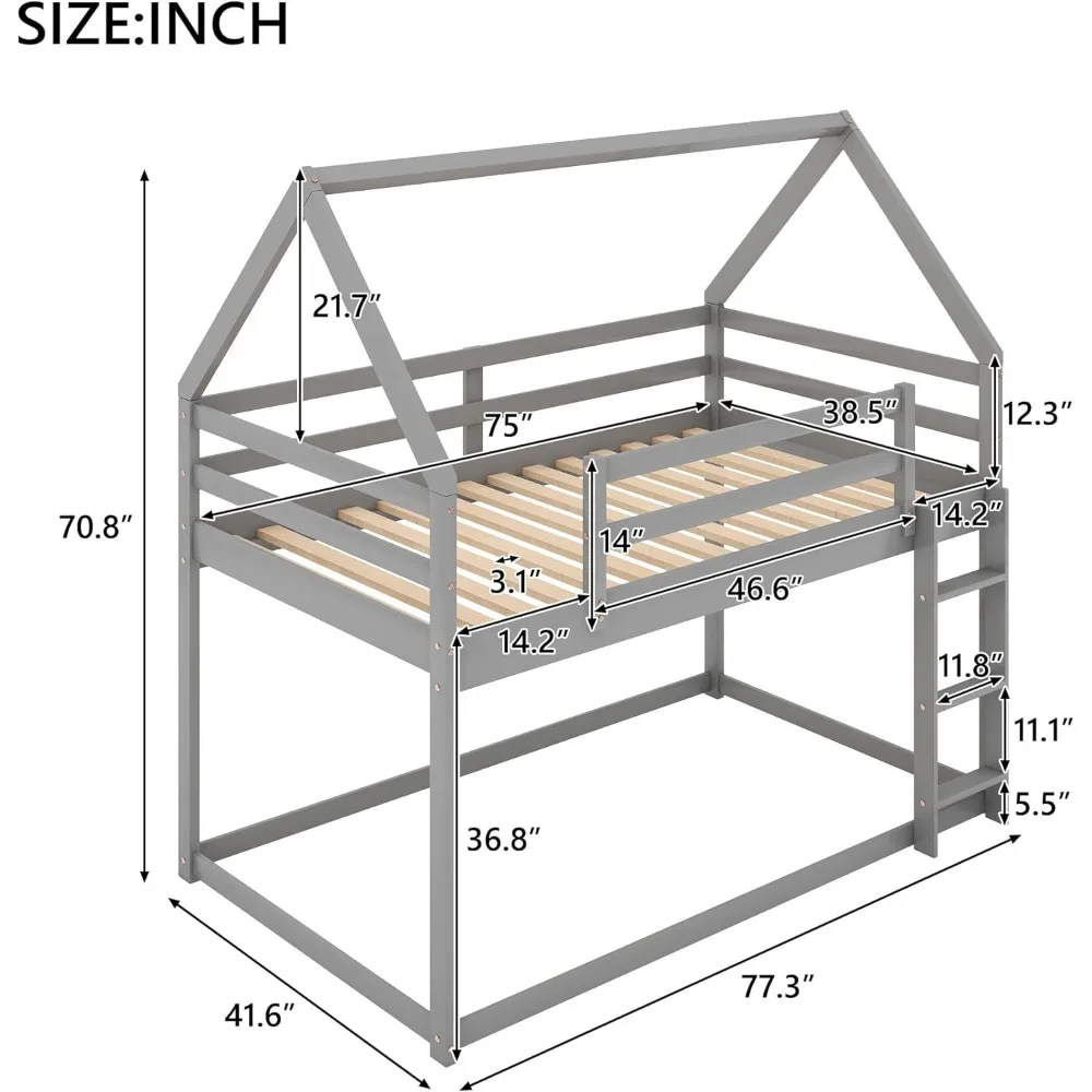 سرير توأم بطابقين للأطفال، أرضية خشبية، سلم ودرابزين، رمادي #2