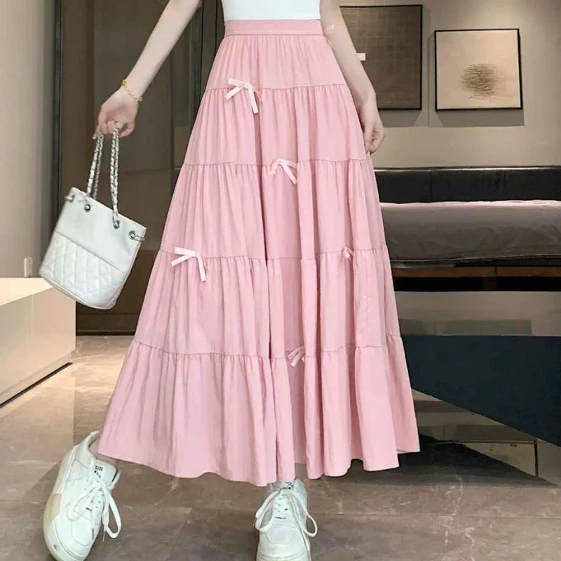 Gentle Wind Bows Umbrella Skirt Women's Solid Color Elastic High Waist Slim Big Pendulum A Line White Long Skirt