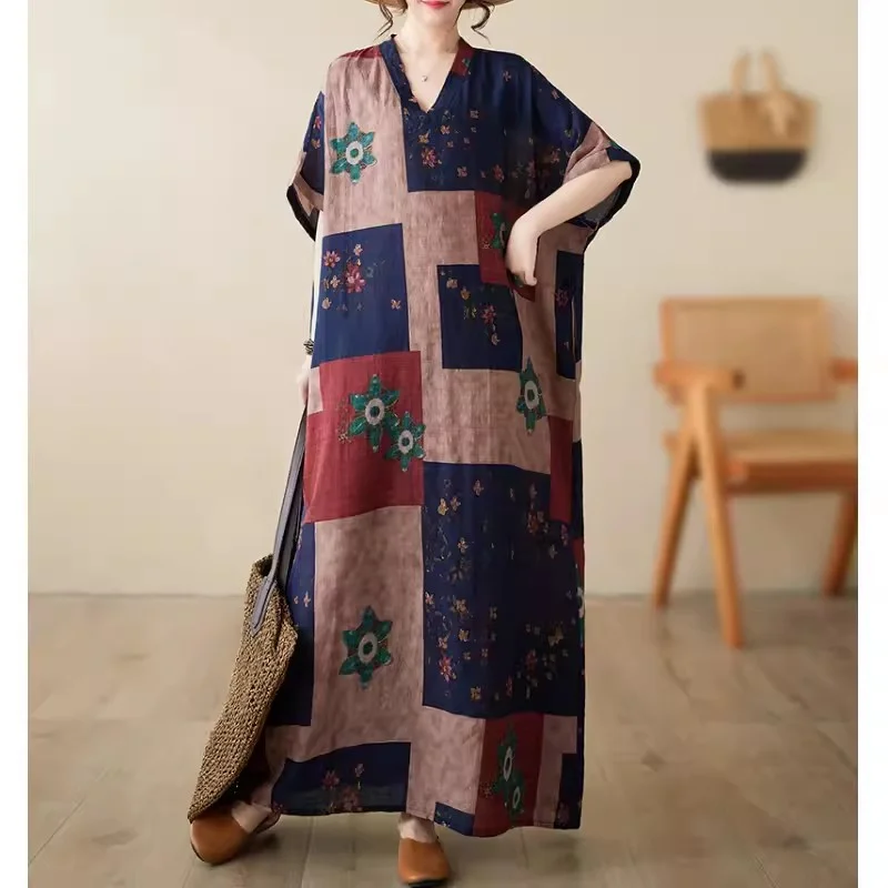 

Mom's Summer Dress 2024 New Casual Large Size Women's Retro Contrast Color Printed Cotton Hemp Short Sleeve Loose Dress K249