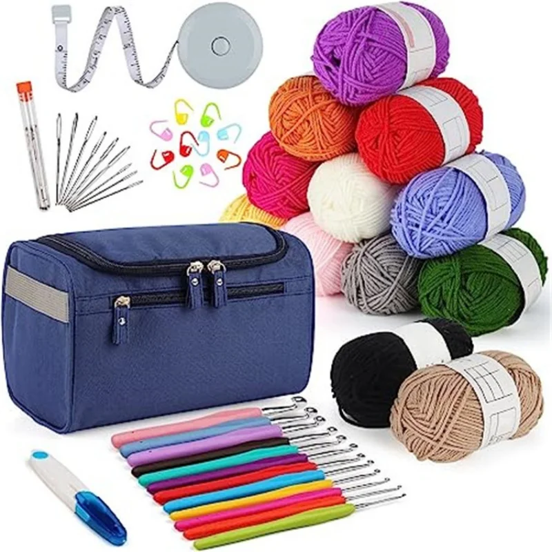

46 piece crochet hook set beginner's yarn hanging navy blue storage bag with crochet yarn accessories