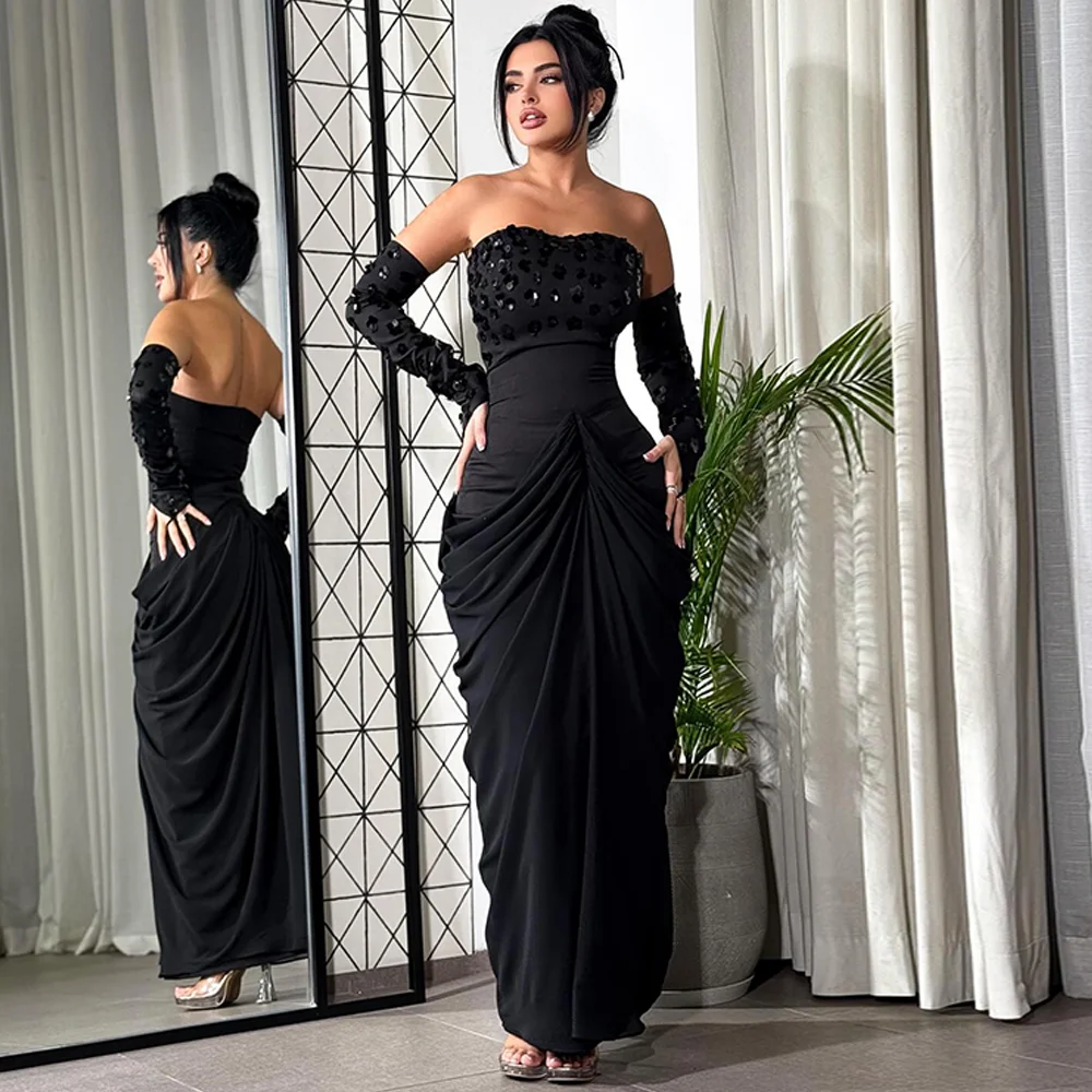 

Black Chiffon Customized Evening Dress Sequined Strapless Detachable Sleeve Dresses 2026 Woman Zipper Back Celebrity Gowns