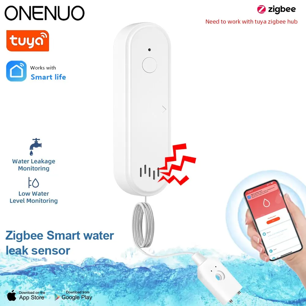 ONENUO Tuya Zigbee Water Detector Leakage Sensor Alarm Leak Detector 80DB Sound Smart Life APP Flood Alert Overflow Security