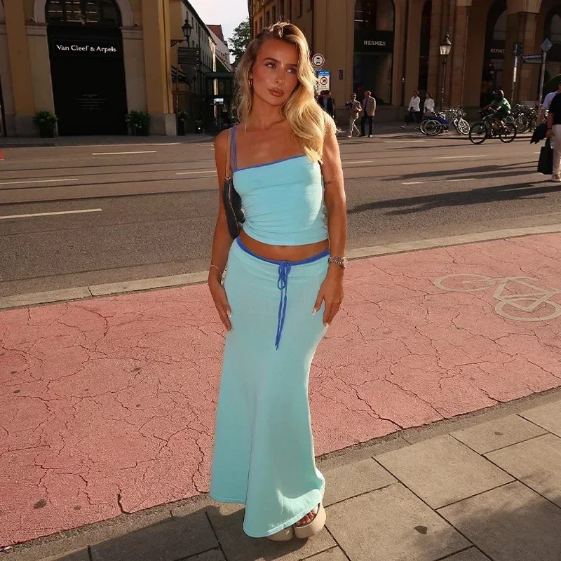 

CPSYMYM Blue High Waist Skirt Sets for Women Spaghetti Strap Crop Top + Long Skirt Outfits Summer Elegant Holiday Two Piece Set