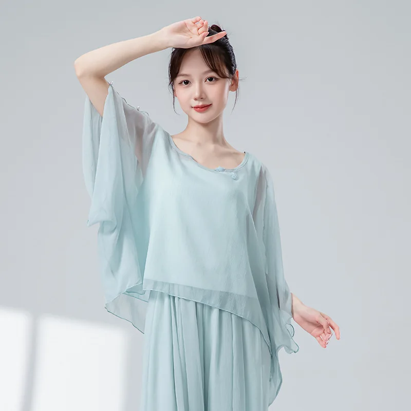 

Классическая танцевальная блузка для женщин с рукавами «летучая мышь», асимметричным подолом, в китайском стиле, повседневная, для сцены, в стиле сари, струящийся костюм для выступлений