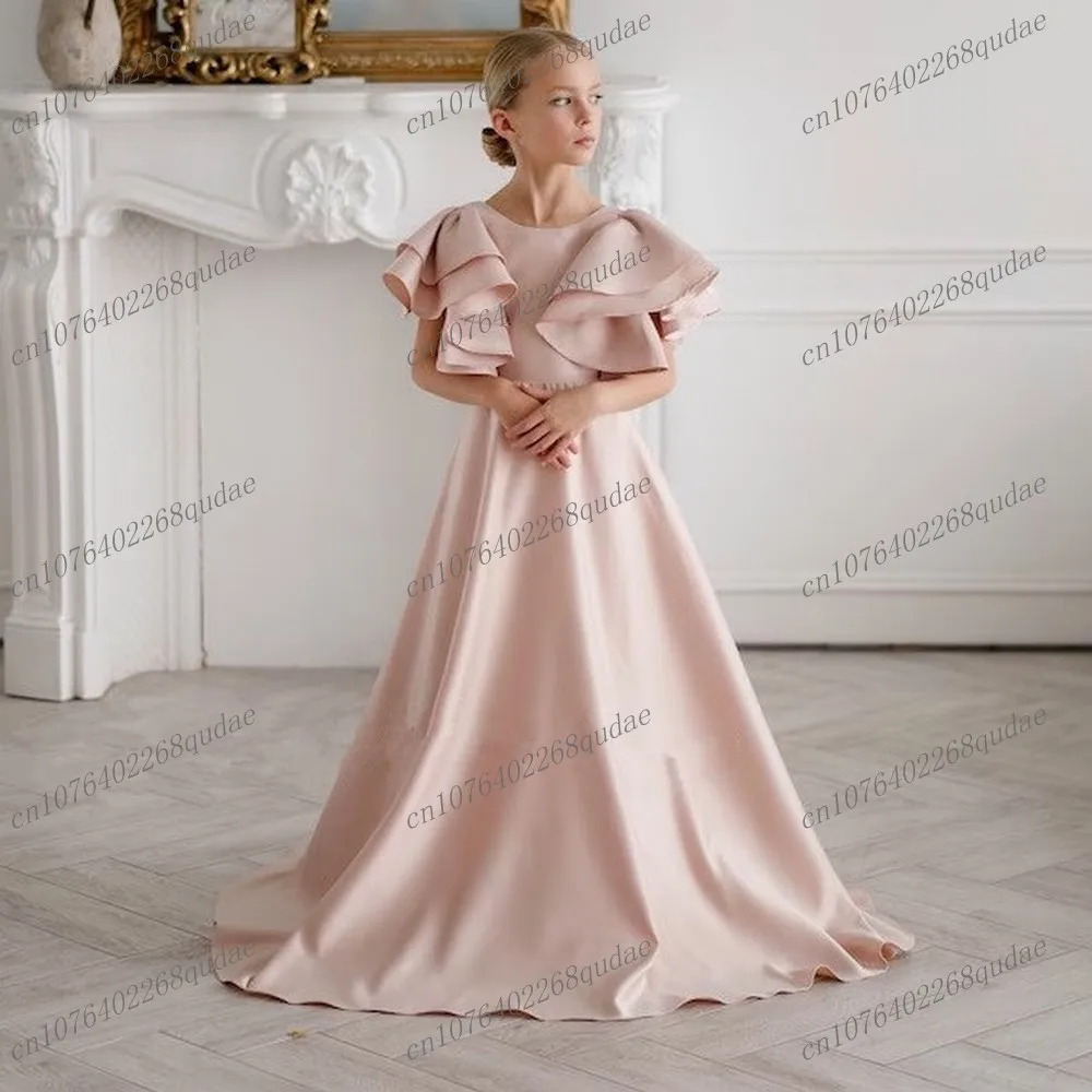 

New Pink Satin Flower Girl Dresses for Wedding Party Spoon Neck Girls Short Sleeve Pageant Gown First Communion Dress