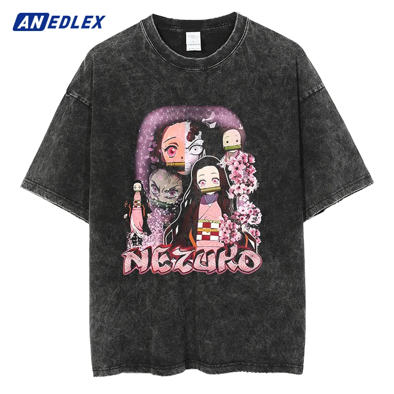 

Men T Shirt Hip Hop Streetwear Vintage Washed Anime Girl Printed T Shirt Cotton Black Oversized Tshirt Harajuku Casual Tops Tees