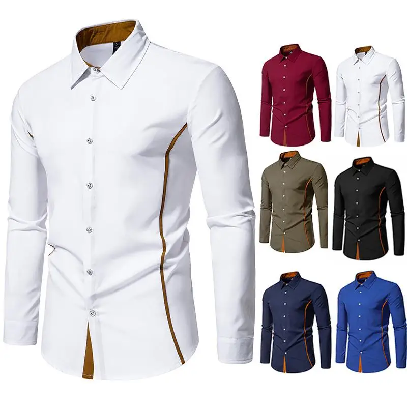 

Splicing Mens Long Sleeve Shirt Color Block Design British Style Fashionable Casual Shirt for Men And Women