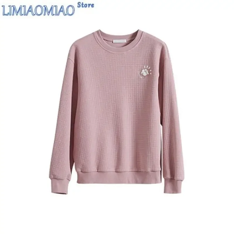 Autumn New Solid Color Embroidered Sweatshirts Women Classic Long Sleeve O-collar All-match Loose Fashion Comfortable Top