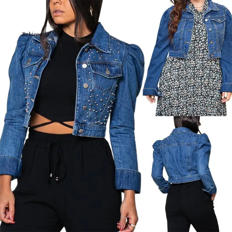 

Vintage Girls Denim Coats Spring Puff Sleeve Blue Jean Boutique Jacket Cool Tops Embroidered Flares Jackets Clothes for Women