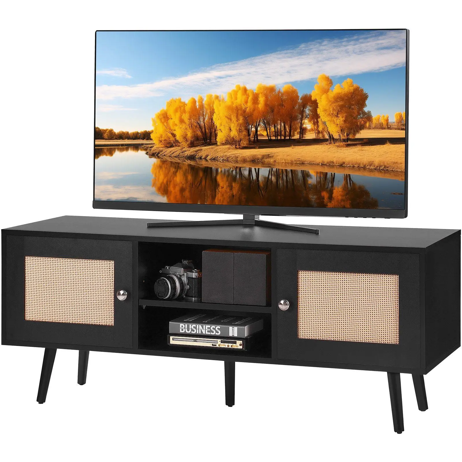 

"55" Boho Rattan TV Stand - Mid Century Modern Design w/ Adjustable Shelves, for Living Room, Media Room，Black"