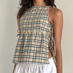 Fairycore Vintage Y2K Milkmaid Camis Plaid Solid Color Cut Out Side Tie Up Vest Women Casual Loose Sleeveless Crop Top Holiday