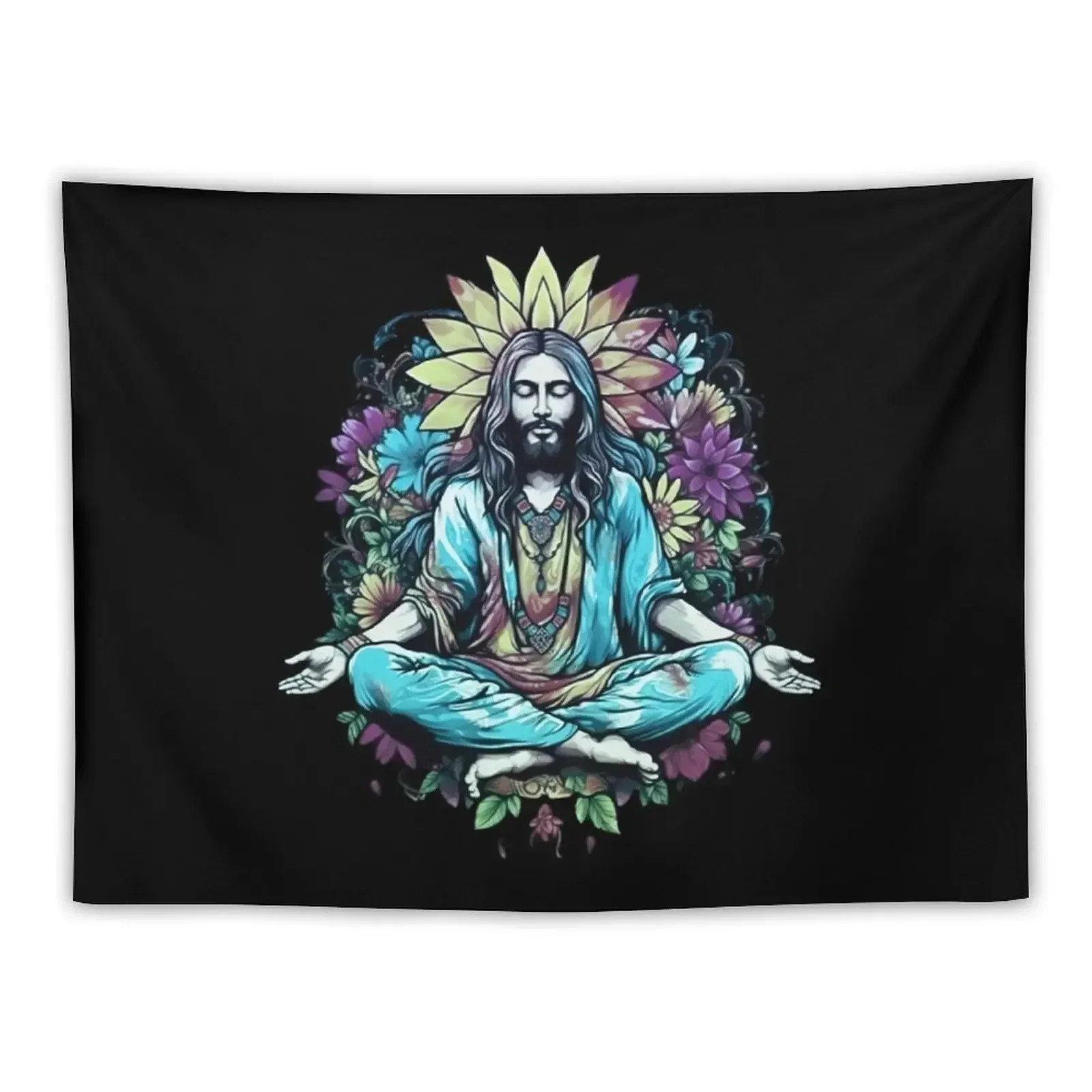 Jesus Christ meditates in lotus position, flower power, halo, hippie, yoga, Buddhism, Christianity Tapestry