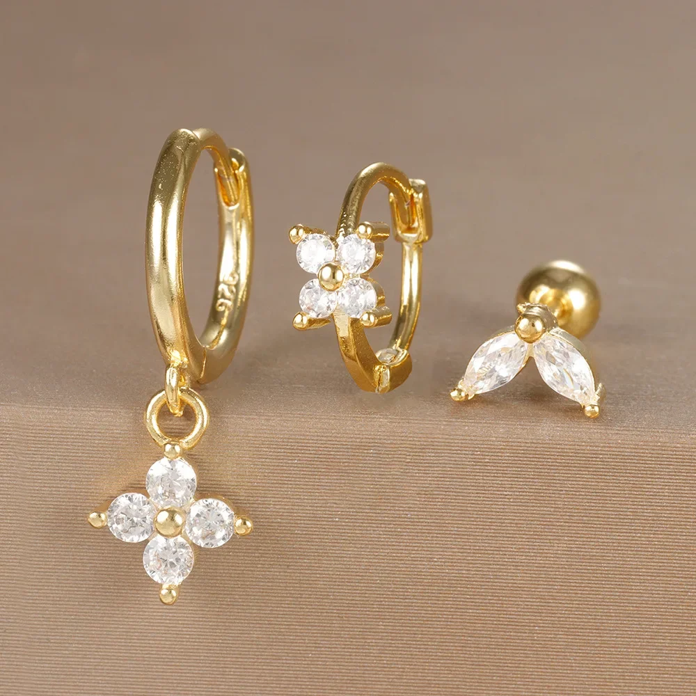 3Pcs/Set Four Leaf Flower Tragus Earring Set Crystal Huggie Earrings Bulk Cartilage Piercing Helix Jewelry Hoop Earring Lots